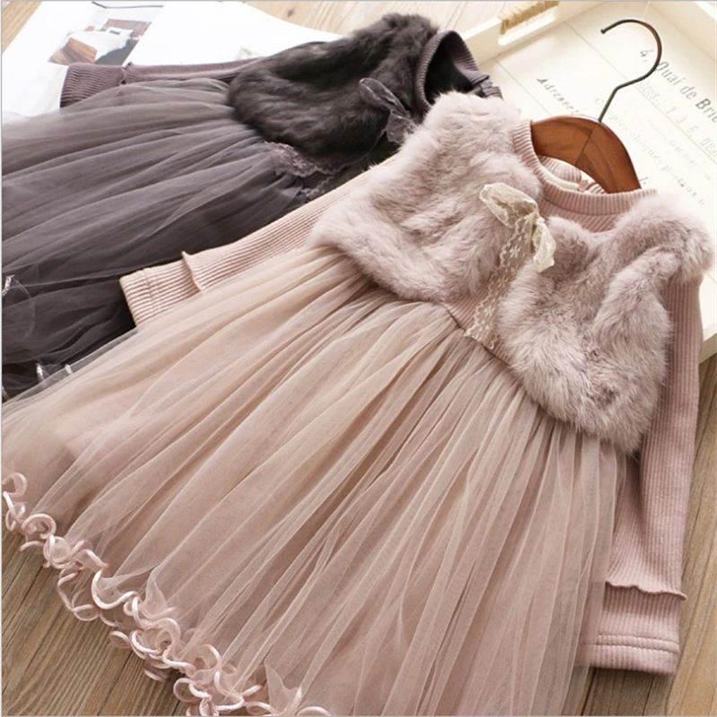 Children Girls Tulle Dress Long Sleeves Fake Two Pieces Fluf