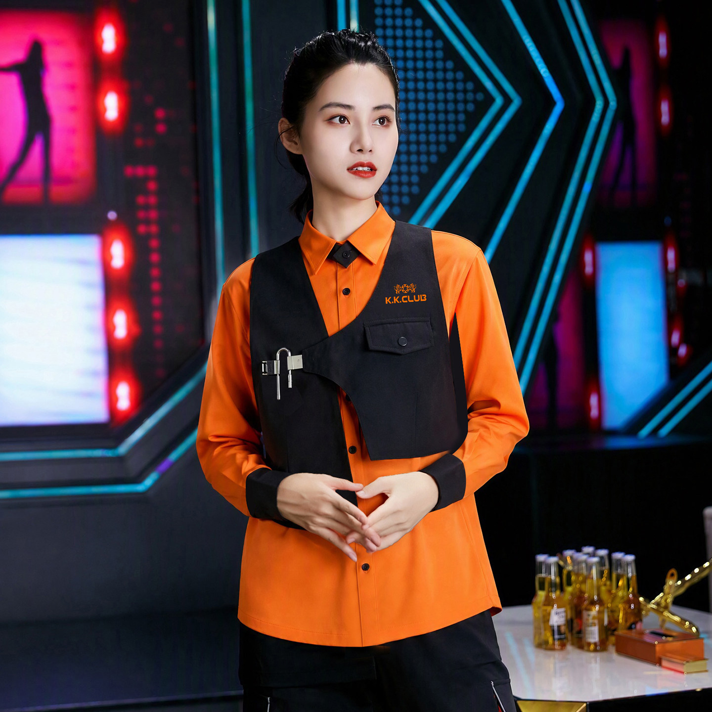 夜场KTV酒吧长袖工作服马甲套装图片