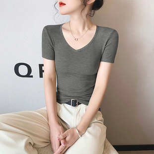 莫代尔V领短袖t恤女上衣2026夏季新款暗灰色冰丝显瘦正肩半袖体恤