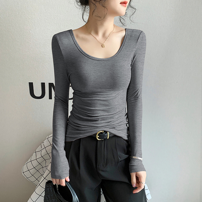 暗灰莫代尔低领长袖打底衫女内搭