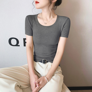 2025春夏季 T恤女紧身显瘦洋气正肩体恤上衣 新款 暗灰圆领螺纹短袖
