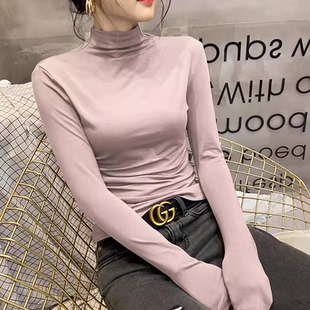 半高领莫代尔打底衫T恤女秋冬新款皮粉紧身长袖内搭显瘦修身上衣