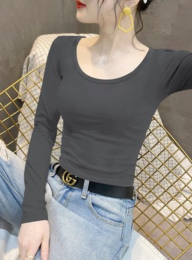 烟灰色圆领纯棉长袖t恤女打底衫秋季薄款西装内搭紧身显瘦上衣潮