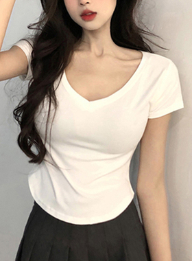 白色V领短袖T恤女2023年夏季新款简约设计感小众百搭修身打底上衣