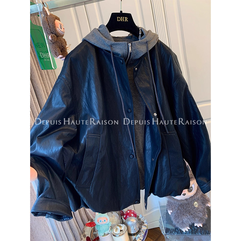 大码300斤气质连帽卫衣假两件PU皮衣外套男女秋冬宽松设计感上衣,男装,夹克,淘宝优惠券,粉丝福利购,淘宝优惠卷