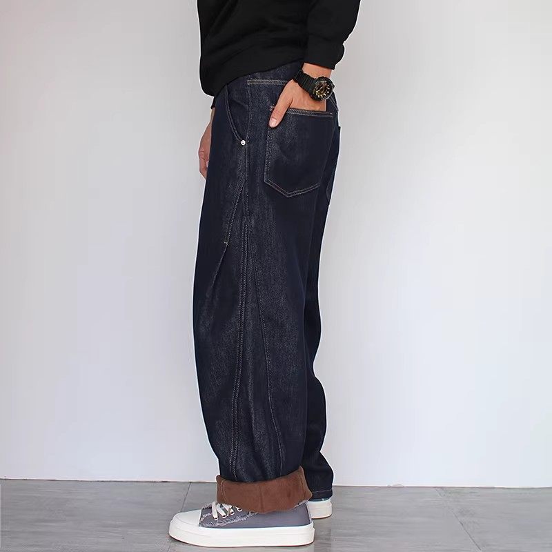 大码秋冬新款加绒加厚拼接潮牌牛仔裤男复古宽松长裤潮流阔腿裤子,男装,牛仔裤,淘宝优惠券,粉丝福利购,淘宝优惠卷