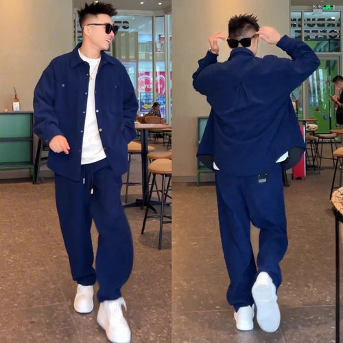 大码300斤春秋坑条纹休闲套装男