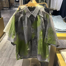 大码夏季美式潮牌衬衫男装日系复古休闲撞色涂鸦翻领宽松短袖衬衣