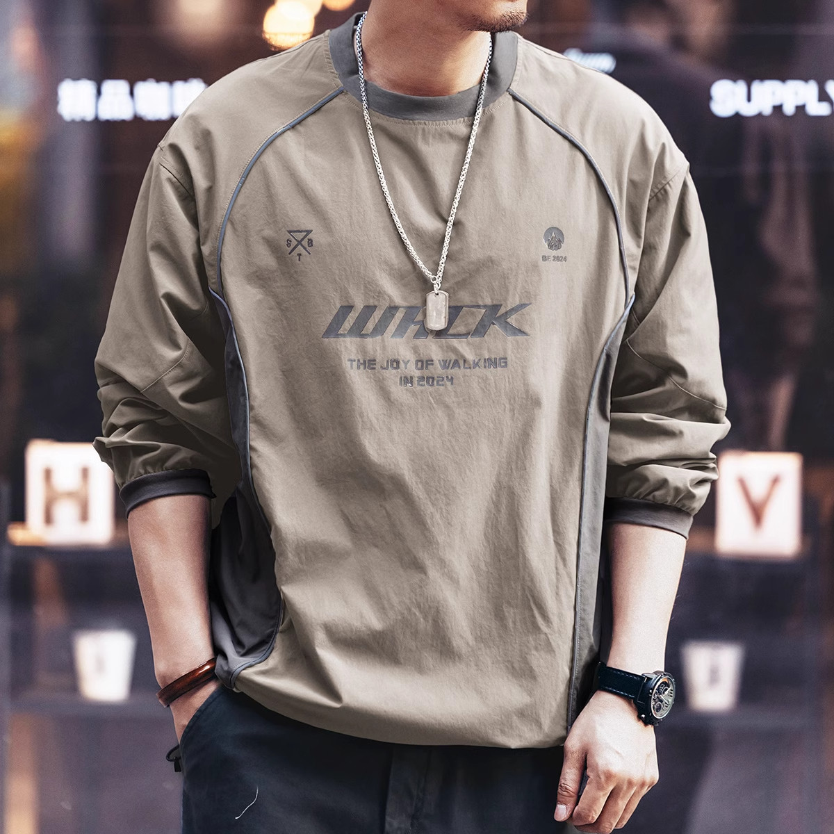 大码秋季薄款户外冲锋衣长袖T恤男潮牌宽松卫衣运动美式速干衣潮