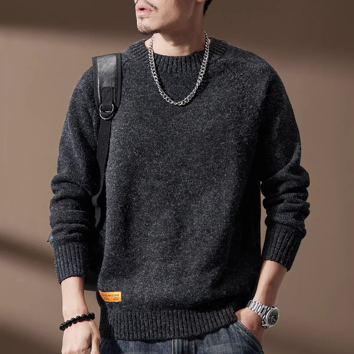 大码美式复古雪尼尔毛衣男秋冬
