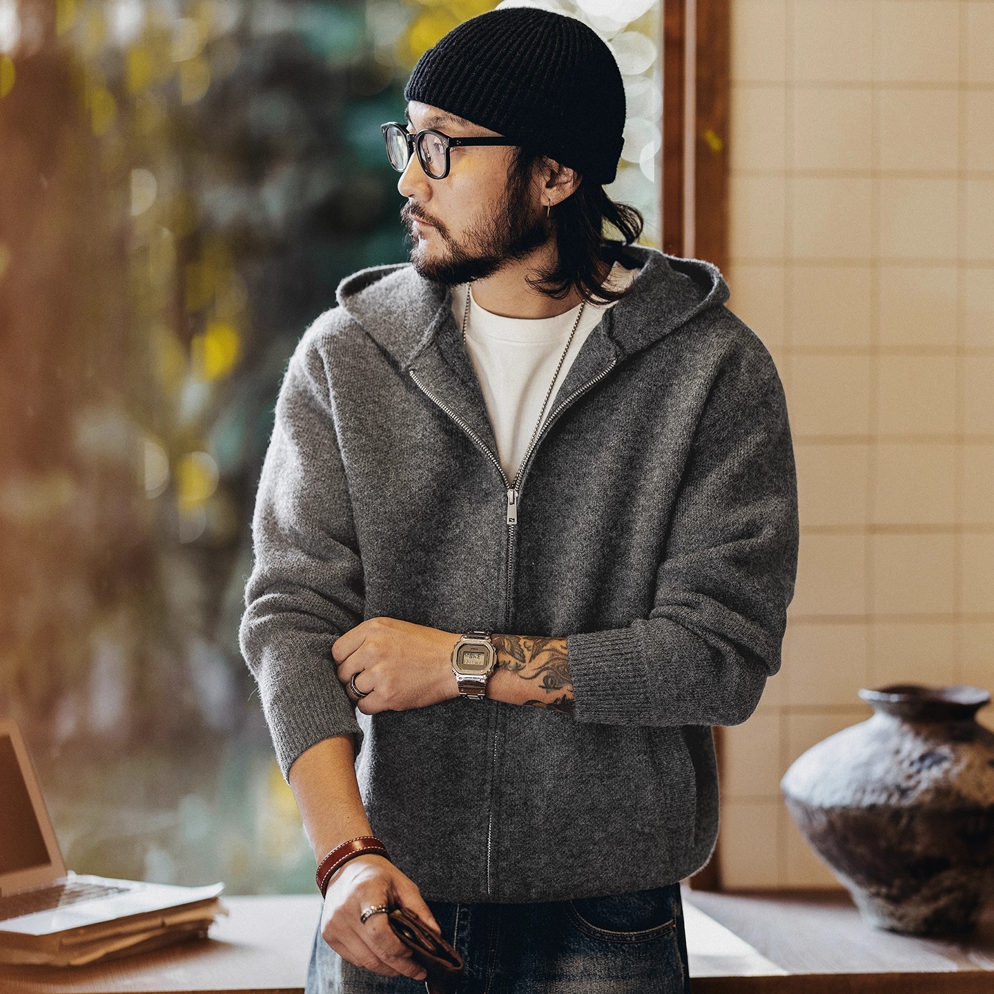 大码美式格雷系连帽针织衫男士