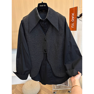 大码300斤秋冬设计感小众针织马甲宽松翻领竖条纹衬衫两件套男女