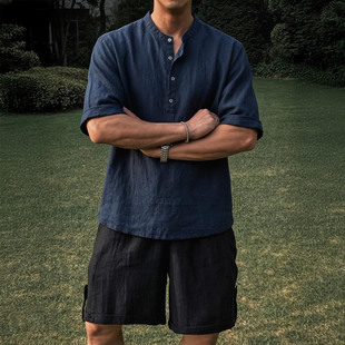 大码300斤老钱风短袖亚麻宽松衬衫男款夏季薄款棉麻宽松半袖上衣