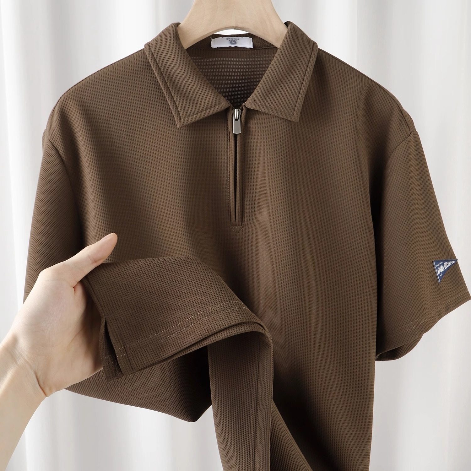 大码美式休闲半拉链翻领polo衫短袖男士夏复古高级感百搭半袖t恤2