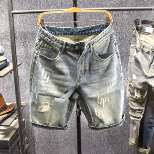 男薄款 做旧复古破洞牛仔短裤 五分裤 直筒中裤 大码 百搭休闲马裤 夏季