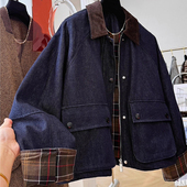 大码 夹克高级感上衣 300斤复古翻领拼接牛仔外套男女秋冬宽松工装