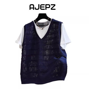 特大码300斤假两件拼接镂空薄款冰丝短袖针织衫男女夏半袖T恤上衣