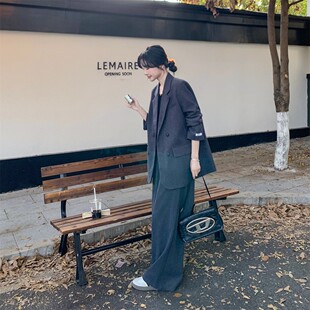 大码300斤高级感灰色休闲西装套装男女秋冬气质小西服西裤两件套