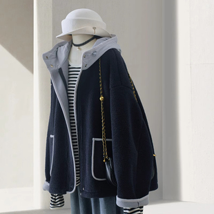大码300斤深蓝撞色拼接连帽外套男女秋冬复古宽松遮肉颗粒绒棉服2