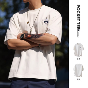 大码美式休闲重磅刺绣短袖T恤男夏季口袋设计感白色落肩袖打底衫