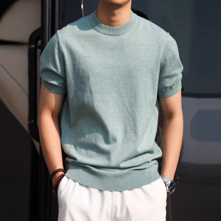 男高级感通勤休闲圆领收袖 大码 针织衫 简约老钱风短袖 打底T恤 夏季
