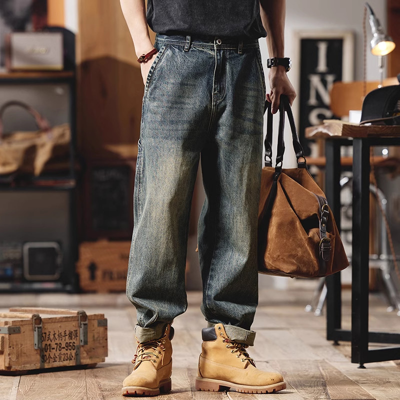 大码美式复古牛仔裤男士夏季新款宽松微锥直筒休闲水洗工装长裤潮,男装,牛仔裤,淘宝优惠券,粉丝福利购,淘宝优惠卷