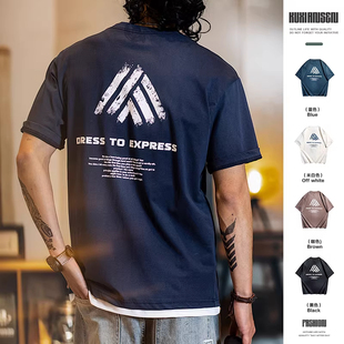 大码纯棉美式印花短袖t恤男夏季新款微宽松休闲圆领半袖男款上衣