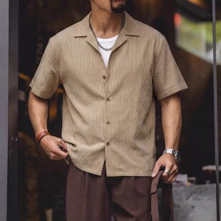 大码美式竖条纹古巴领衬衫男夏季复古亚麻V领开衫宽松透气短袖T恤