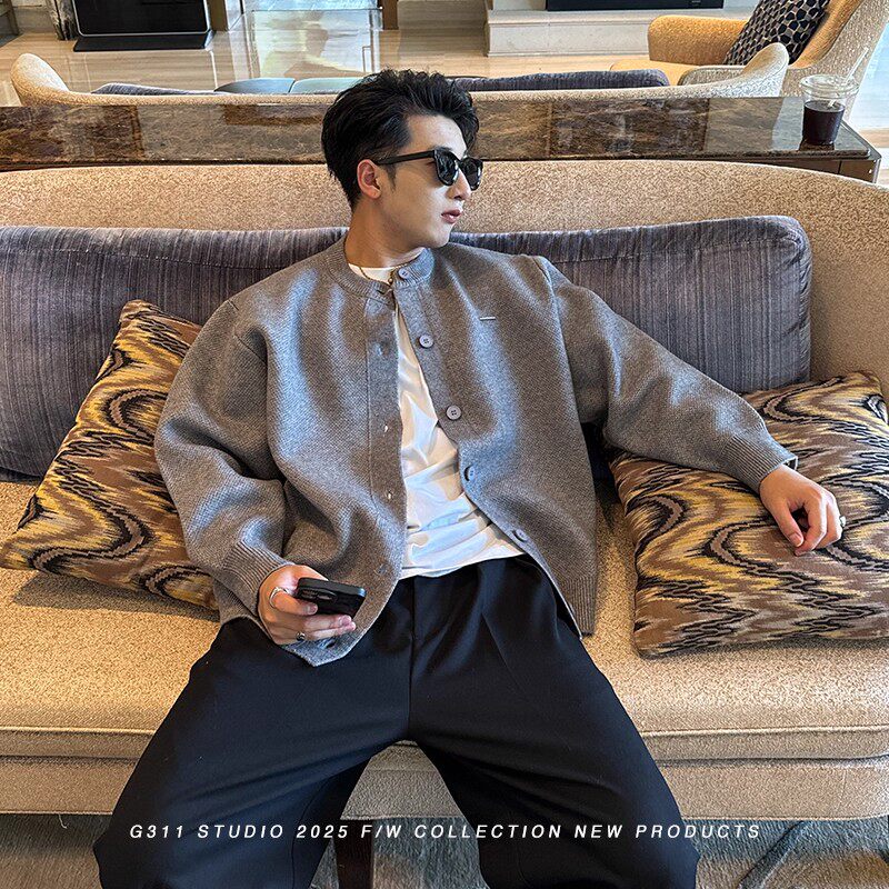 大码300斤轻奢极简秋冬重磅廓形针织开衫外套男高级感宽松毛衣男