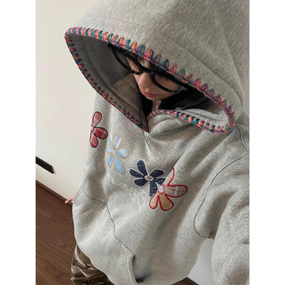 大码美式复古花朵刺绣连帽卫衣男