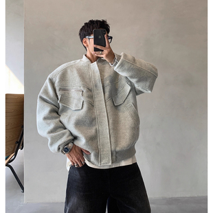 大码300斤毛呢外套男春秋高级感痞帅潮牌老钱风夹克男装保暖外衣2