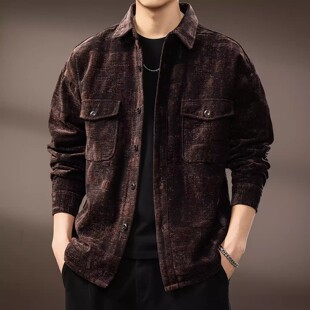 高端雪尼尔提花男士 复古潮牌休闲长袖 衬衫 美式 衬衣男 春秋新款 大码