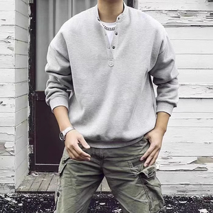 T恤打底衫 亨利领长袖 保暖休闲套头卫衣 300斤日系复古秋冬男士 大码