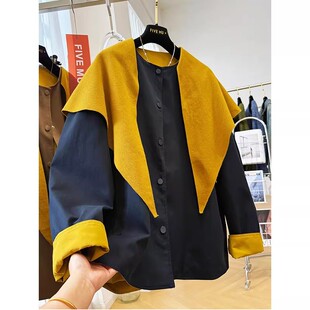 特大码300斤高级感披肩撞色外套男女春秋新款显瘦宽松百搭上衣潮