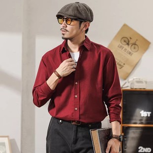大码春秋新款棉麻红色衬衫男长袖英伦雅痞男装上衣高级感休闲衬衣