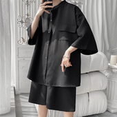 300斤华夫格高街休闲套装 男夏加肥加大宽松短袖 衬衫 大码 短裤 一套