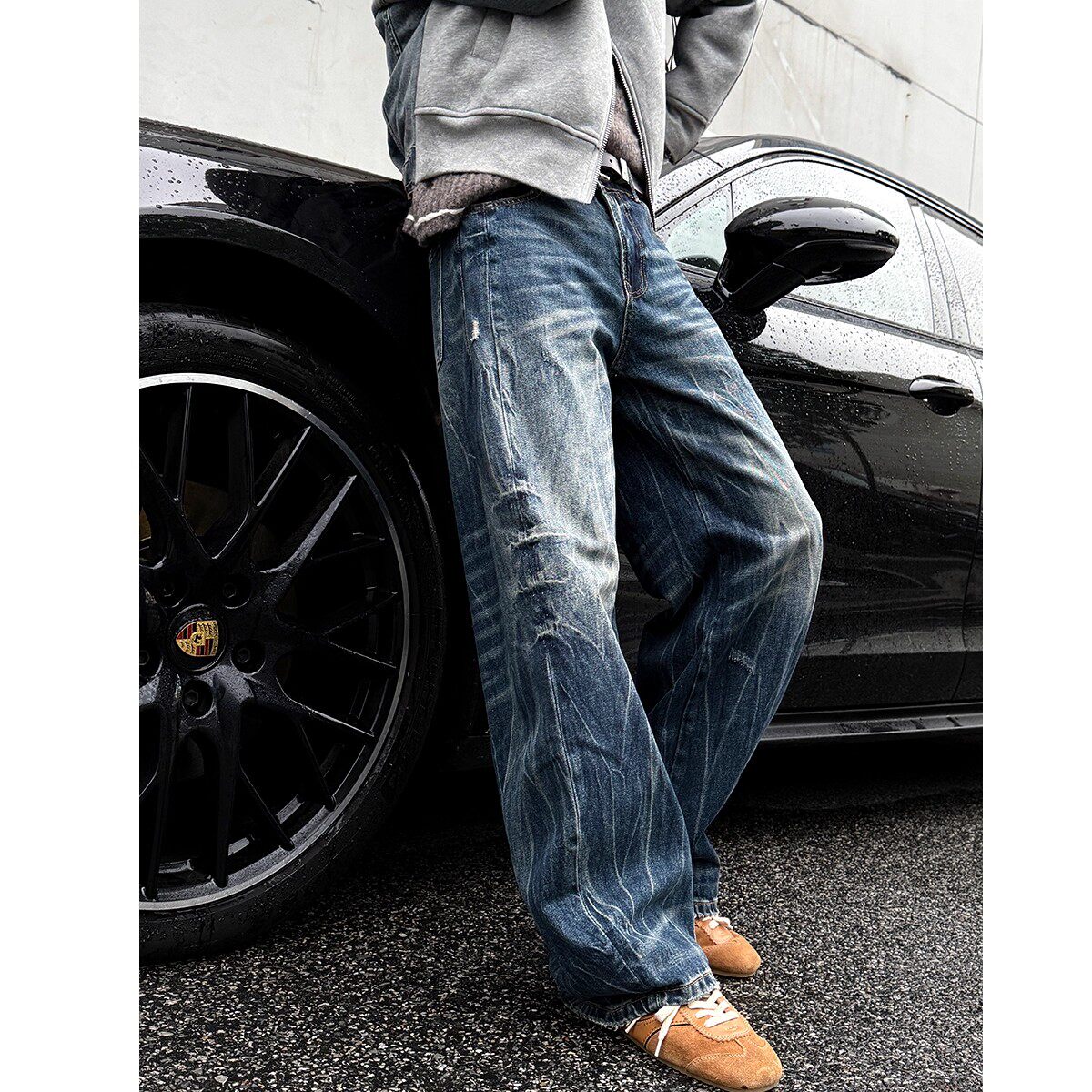 大码美式复古磨破弯刀牛仔裤男