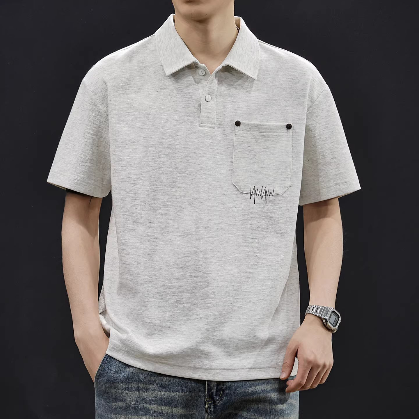 大码夏季新款透气翻领POLO衫男士短袖T恤口袋刺绣极简休闲上衣潮