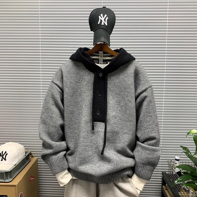 大码潮牌拼接撞色连帽毛衣男款