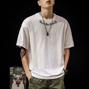 特大码300斤夏季美式重磅纯棉刺绣短袖t恤男士半袖潮牌男款T体恤