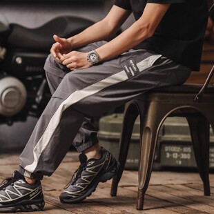 大码百搭撞色束脚裤男款美式工装休闲哈伦裤户外运动宽松九分长裤