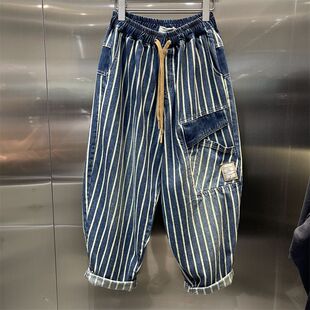 特大码300斤竖条纹工装牛仔老爹裤男士春秋松紧腰ins潮牌嘻哈垮裤