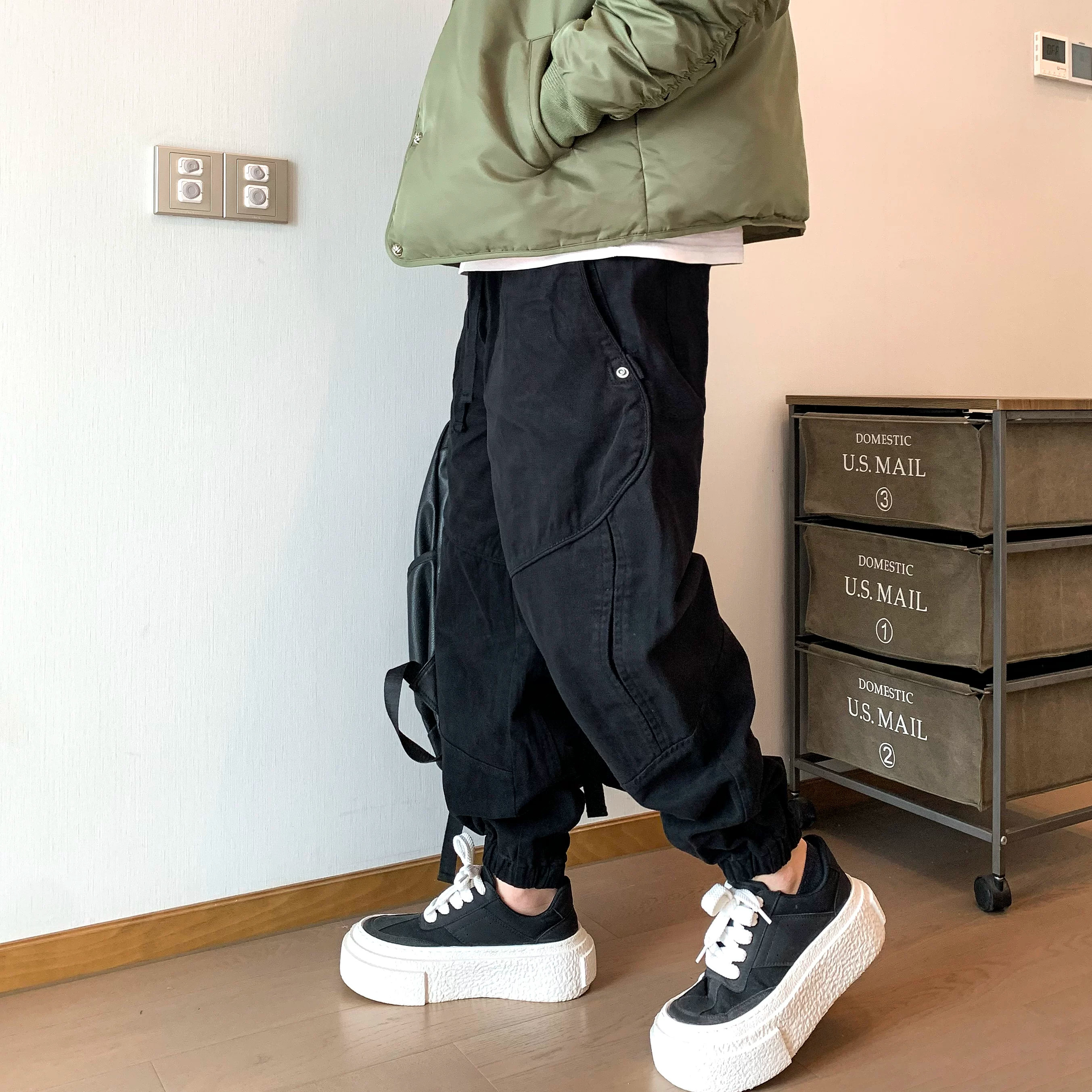大码300斤秋冬加绒加厚工装裤男美式潮牌潮流锥形九分束脚哈伦裤