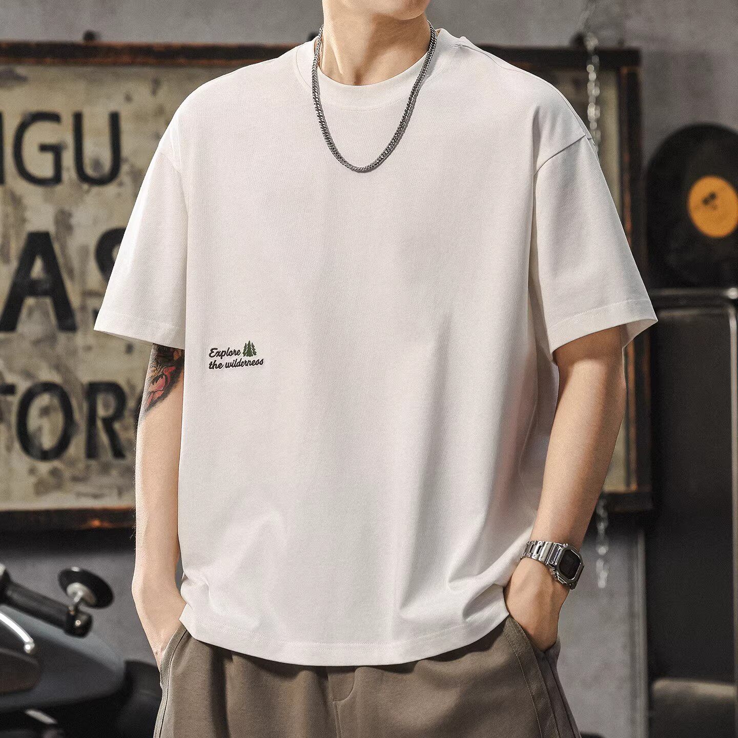 大码美式设计感白色t恤男夏季重磅纯棉打底凉感冰丝上衣男生短袖