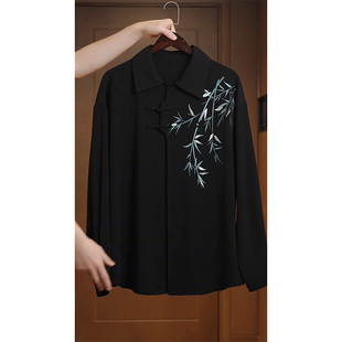 300斤新中式 衬衫 复古国风衬衣男款 竹子刺绣长袖 上衣潮2 春秋季 大码