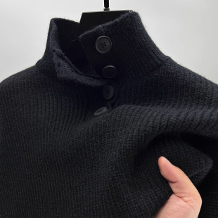 大码纽扣立领加厚毛衣男秋冬宽松慵懒风针织衫男打底衫半高领线衣