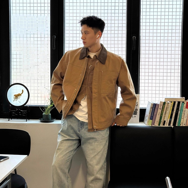 大码卡其色巴恩风外套男款春秋美式工装短款上衣纯棉拼接翻领夹克