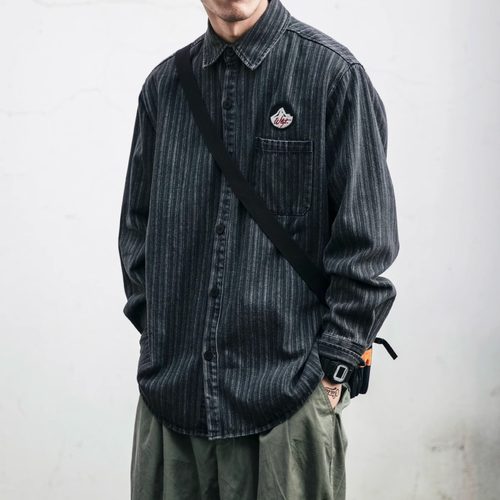 日系潮牌宽松大码条纹衬衫男