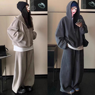 大码300斤慵懒风奥粒绒连帽卫衣套装男女oversize宽松休闲两件套