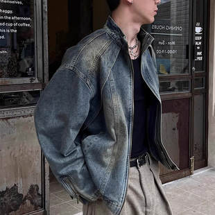 大码美式解构水洗渐变高端黄泥染色重磅牛仔夹克外套男宽松上衣潮